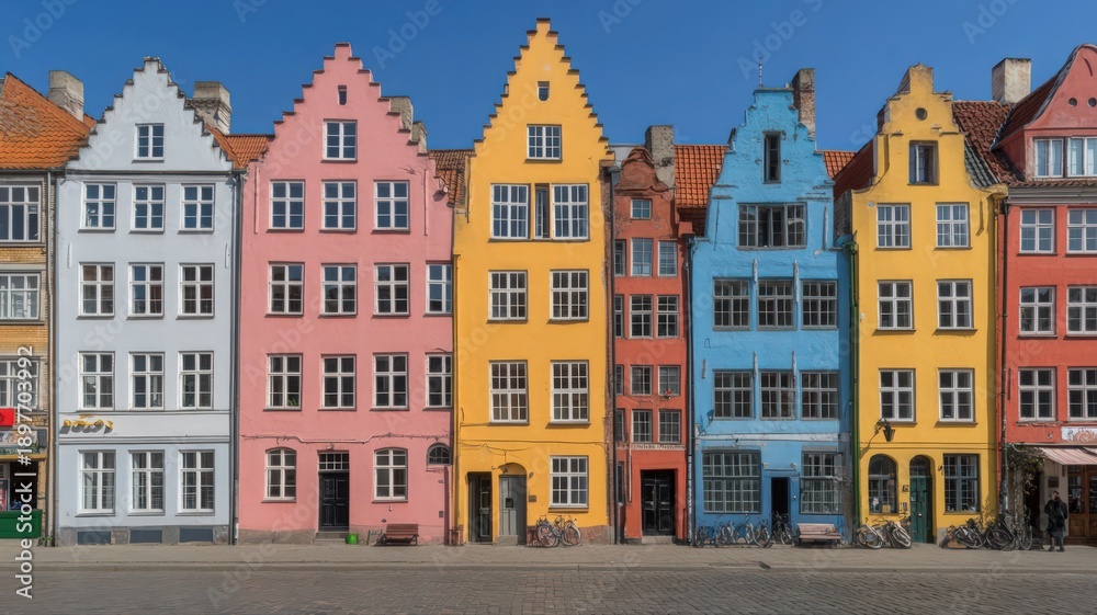Fototapeta premium Traditional European Townhouses With Colorful Facades Under Bright Sunny Sky