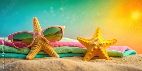 Wallpaper Mural Summer vacation relaxation starfish wearing sunglasses resting on beach towels in golden sunlight Torontodigital.ca
