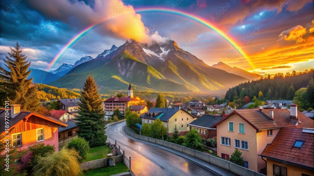 custom made wallpaper toronto digitalSerene Mountain Village at Sunset with a Vibrant Rainbow Arcing Over Lush Green Slopes