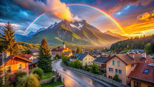 Wallpaper Mural Serene Mountain Village at Sunset with a Vibrant Rainbow Arcing Over Lush Green Slopes Torontodigital.ca