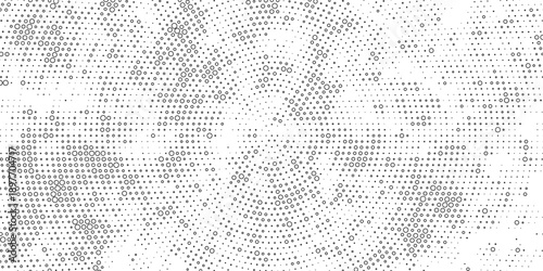 Black radial halftone circles. Dotted sound wave rings. Stippled epicenter, target, radar icon concept. Ripple concentric signal vibration element. Vector round dashed and dotted gradient pattern