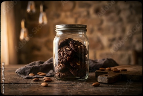 Chocolate Cookies in Glass Jar on Rustic Wooden Table