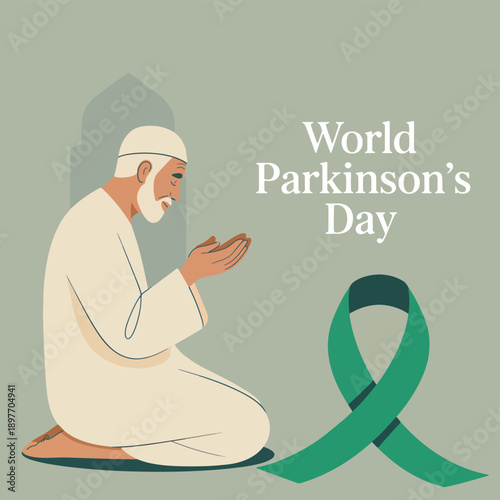 An elderly man sitting with hands clasped and a green ribbon for Parkinson's Day