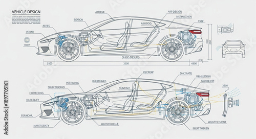 Detailed Automotive Engineering Blueprint of a Modern Electric Sedan.