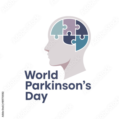 Silhouette head with puzzle pieces and Parkinson's Day text, brain awareness