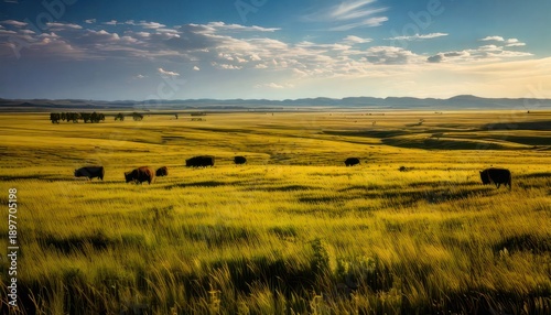 Bison grazing in the golden grasslands of Theodore Roosevelt National Park.