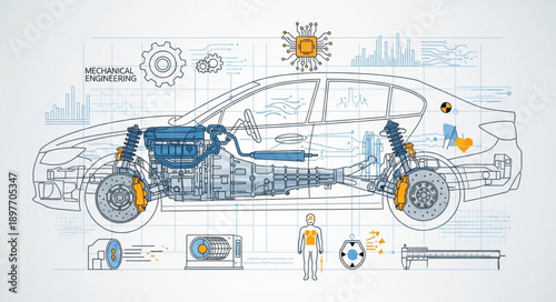 Detailed Automotive Engineering Blueprint of an Electric Vehicle.