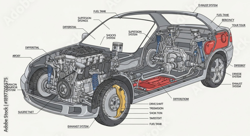 Detailed Automotive Engineering Diagram of a Car Engine and Chassis.
