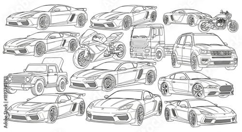 Collection of Sports Cars and Trucks Line Art Drawings.