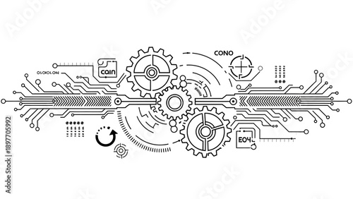 Abstract Technology Concept: Interconnected Gears and Circuitry