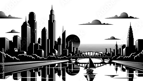 Art Deco Cityscape with River and Sailboats at Sunset