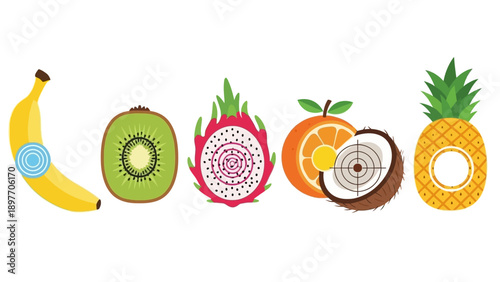 Assortment of Fresh Tropical Fruits: Banana, Kiwi, Dragon Fruit, Orange, Coconut, Pineapple