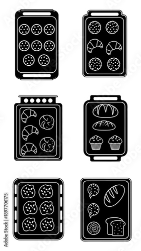 Baking Sheet Icons: Cookies, Croissants, Bread, Muffins - Black and White Icons