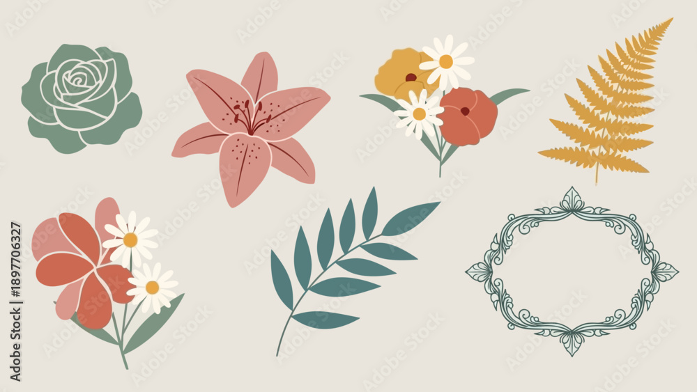 Fototapeta premium Bohemian Floral Elements: Rose, Lily, Fern, Daisy Bouquets, Frame - Vintage Style