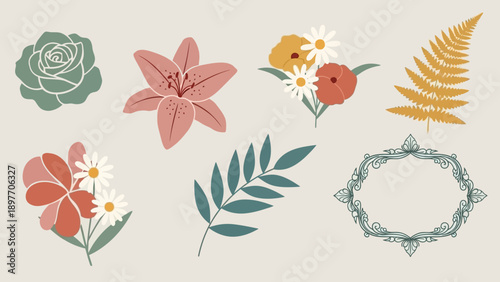 Bohemian Floral Elements: Rose, Lily, Fern, Daisy Bouquets, Frame - Vintage Style
