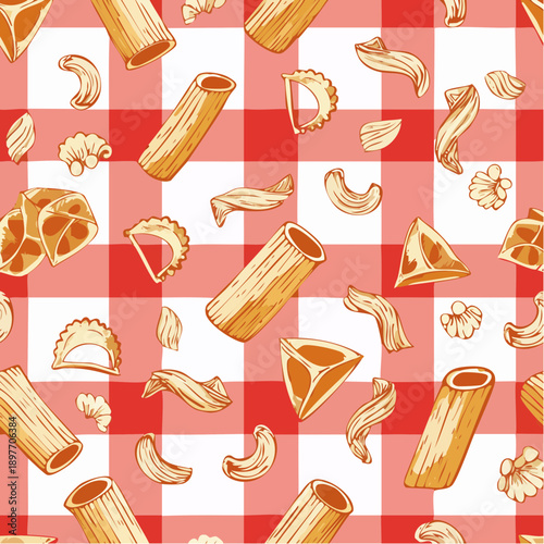 Italian Pasta Bistro Red and White Checkered seamless pattern background. Checkerboard with hand drawn penne and macaroni