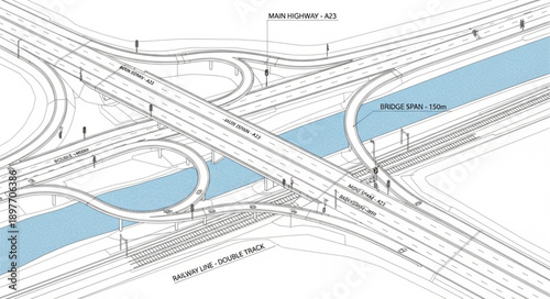 Complex highway interchange blueprint over a blue river.
