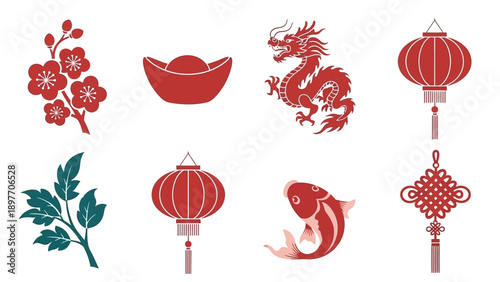 Chinese New Year Icons: Dragon, Lanterns, Koi Fish, Plum Blossom, Gold Ingot, Knot