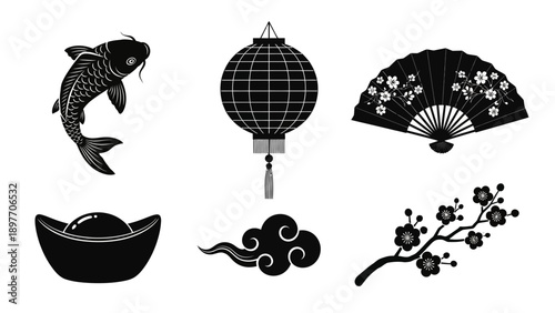 Chinese New Year Icons: Koi Fish, Lantern, Fan, Gold Ingot, Cloud, Blossom Branch