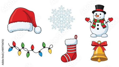 Christmas Icons Collection: Santa Hat, Snowman, Snowflake, Stocking, Lights, Bell