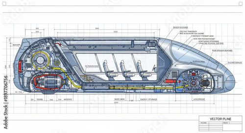 Cross section diagram of a futuristic high speed train design.