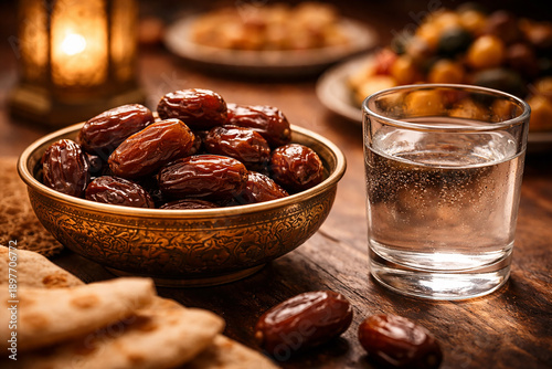Warm Table Setting With Dates, Water Glass, And Flatbread In A Cozy Dinner Scene, illustration and background