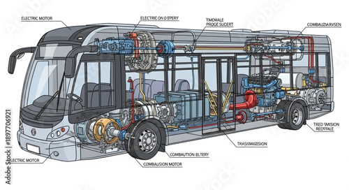 Cutaway illustration of a modern city bus interior and mechanics.