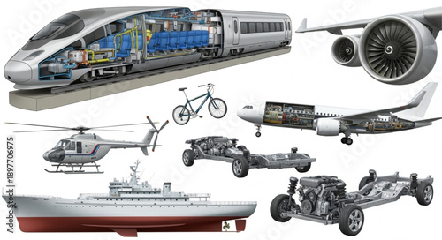 Cutaway Views of Transportation Vehicles and Engines.