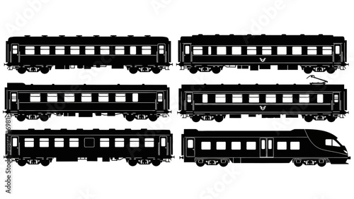 Collection of Black Train Silhouettes: Passenger, Freight, and Modern High-Speed Trains