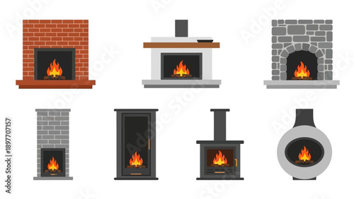 Collection of Modern and Traditional Fireplaces with Burning Flames