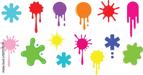Diverse set of colorful fluid paint drips on transparent background. Decorative graphic elements for creative design projects and artistic layouts.
