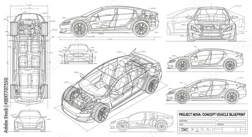 Detailed Automotive Blueprint Schematics of a Modern Sports Car.