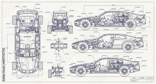 Detailed Automotive Blueprint Schematics of a Sports Car.
