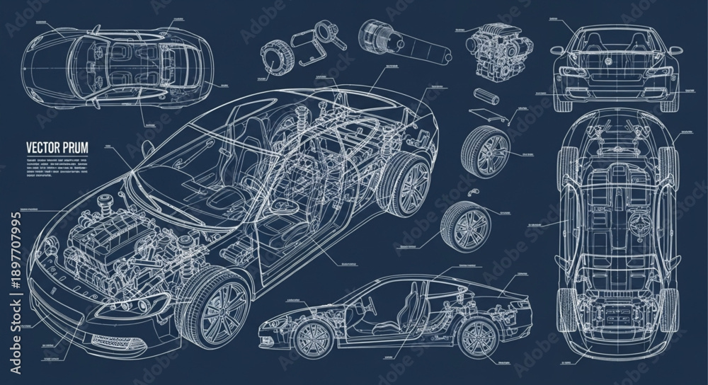 Fototapeta premium Detailed Automotive Blueprint Technical Drawing of a Car.