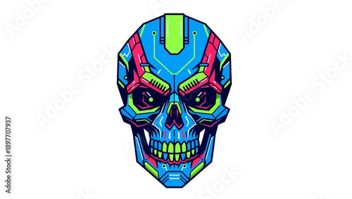Cyberpunk Skull Robot Head, Futuristic Neon Blue and Green, Sci-Fi Art