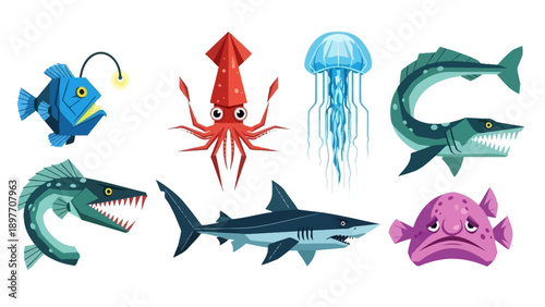 Deep Sea Creatures Collection: Anglerfish, Squid, Jellyfish, Shark, Blobfish, Barracuda
