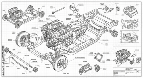 Detailed Automotive Chassis and Engine Blueprint Diagram.