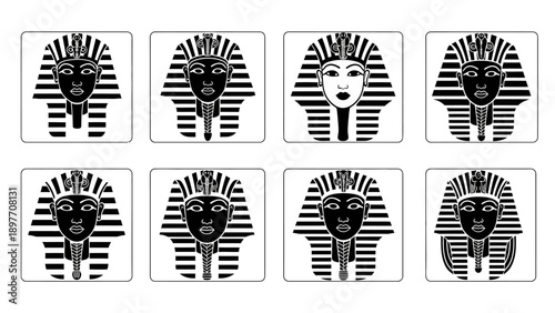 Egyptian Pharaoh Icons Set - Ancient King Headdress and Face Symbols