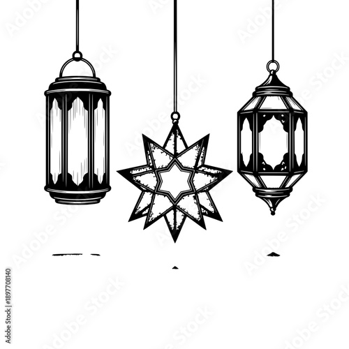 Hanging Lanterns Trio Vector Illustration Featuring Cylindrical Star Shaped Hexagonal Designs