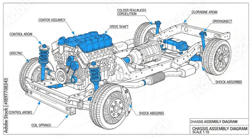 Detailed Automotive Engine and Chassis Diagram.