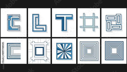 Geometric Abstract Letters and Shapes, Modern Design Elements, Blue and White