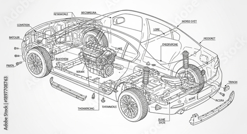 Detailed Automotive Engineering Blueprint Diagram of a Car.