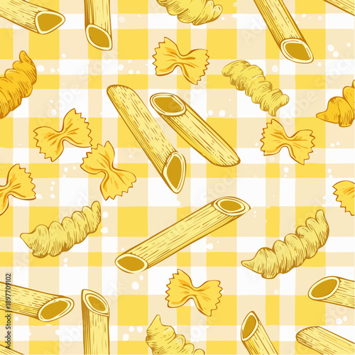 Italian yellow gingham seamless pattern with pasta. Hand drawn outline penne and macaroni. 