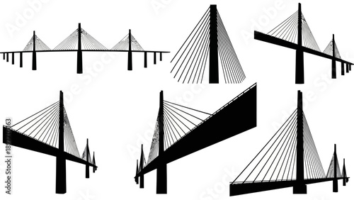 Modern Cable-Stayed Bridge Architecture Silhouette, Multiple Views