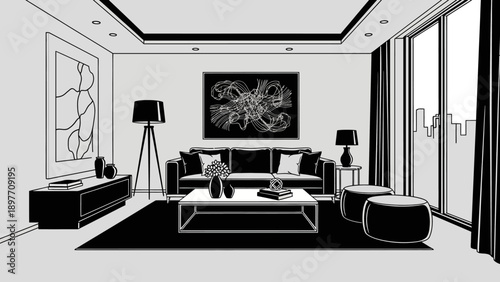 Modern Living Room Interior Design, Black and White, Minimalist Style, Elegant Furniture