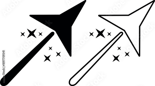 Magical starry wand designs in simple black and white. Magic icon symbol with wand and stars