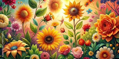 Wallpaper Mural Vibrant Floral Tapestry A Sunlit Garden of Blossoms, Showcasing a Diverse Array of Flowers in Full Bloom, Radiating Warmth and Joy Torontodigital.ca