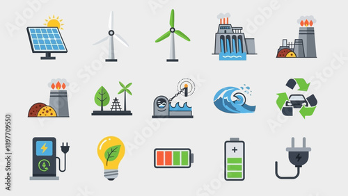 Renewable Energy and Sustainable Technology Icons: Solar, Wind, Hydro, Nuclear, Recycling, EV Charging
