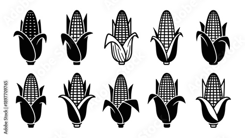 Set of 10 Black and White Corn Cob Icons, Vector Illustrations