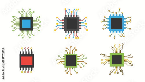 Set of colorful microchip icons, electronic components, CPU, processor, technology concept